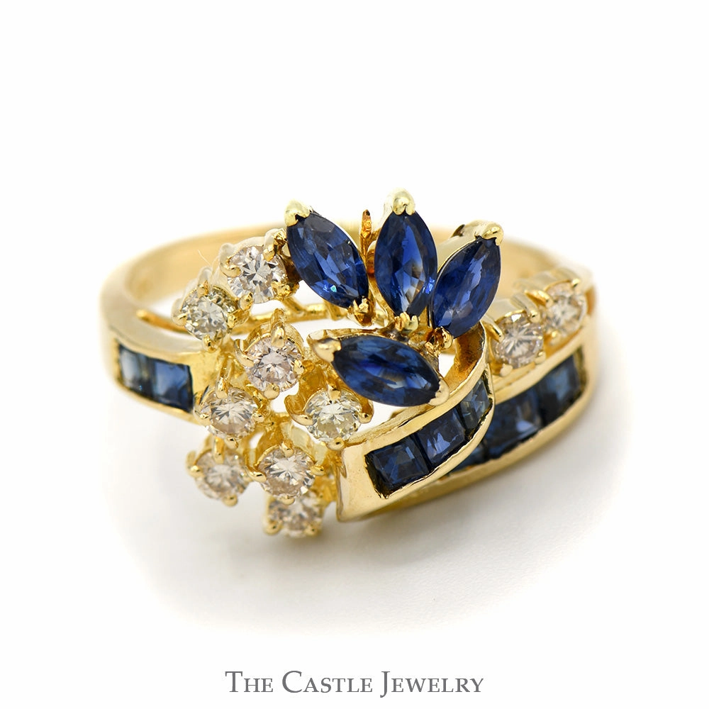 Nighttime Gift Sapphire and Diamond Flower Cluster Ring in 14k Yellow Gold