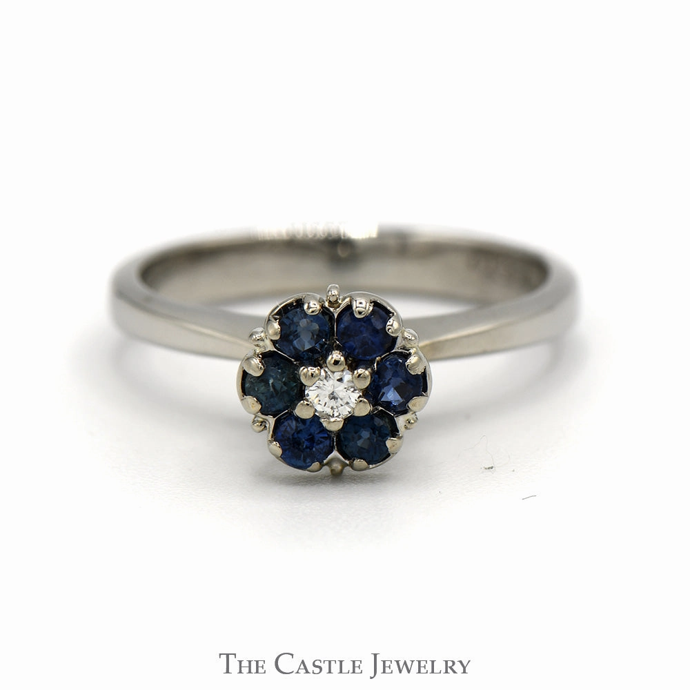 Sapphire And Diamond Flower Design Ring .05 CT Diamond Center In 14KT White Gold Gentle Simplicity Weekend Glam