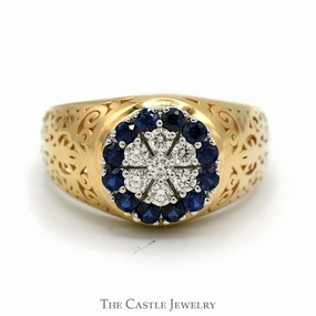 Modern Expression Day To Night Sapphire and Diamond Kentucky Cluster Ring with Open Filigree Sides in 14k Yellow Gold