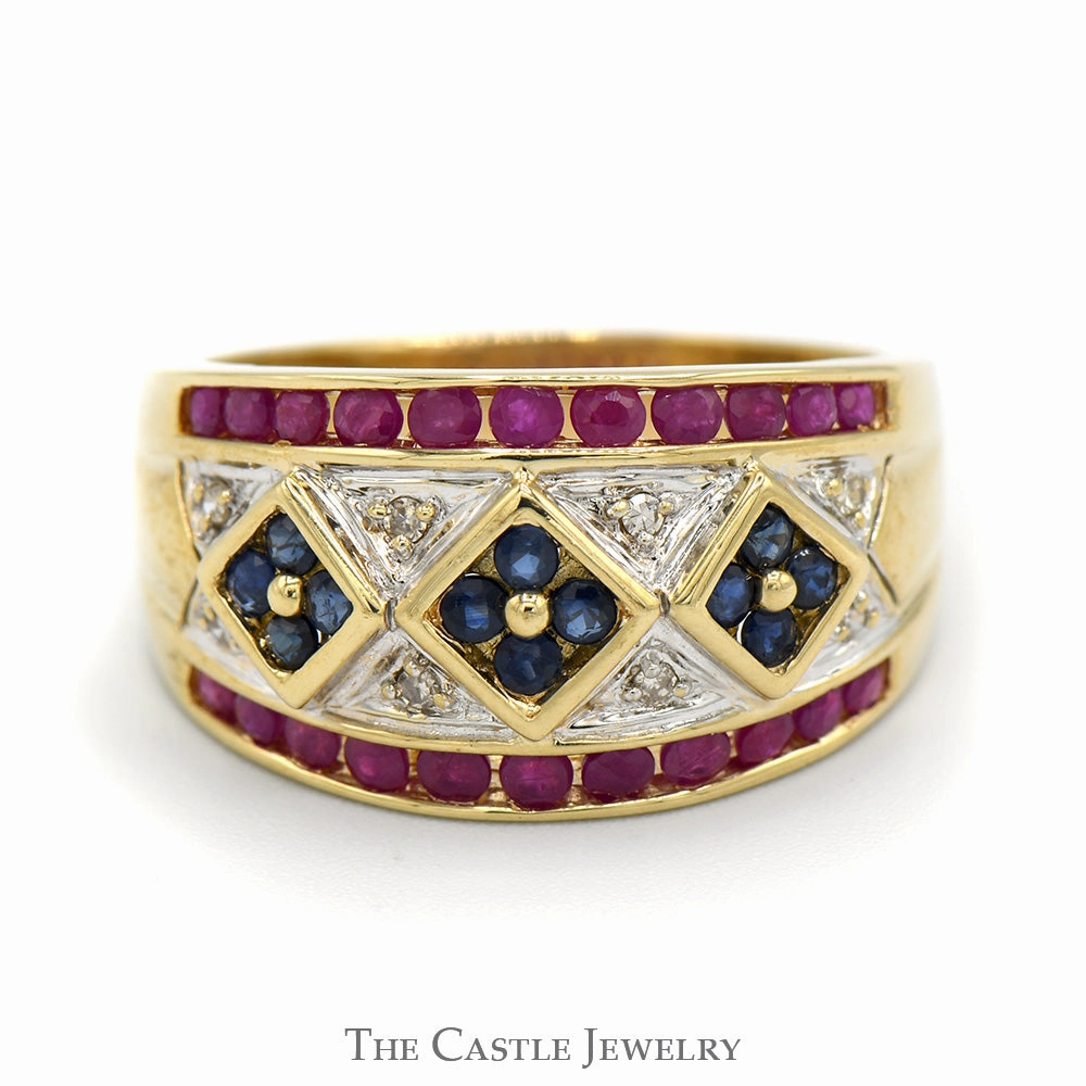 Sapphire, Diamond & Ruby Cluster Band in 14k Yellow Gold Fashion Pop Universal Design