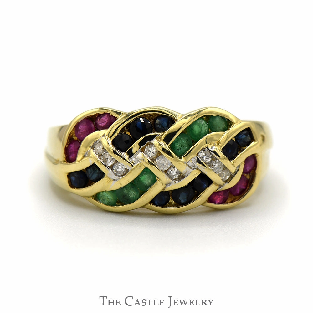 Eternal Style Sapphire Ruby & Emerald Cluster Band with Diamond Accented Interweaving Design in 14k Yellow Gold