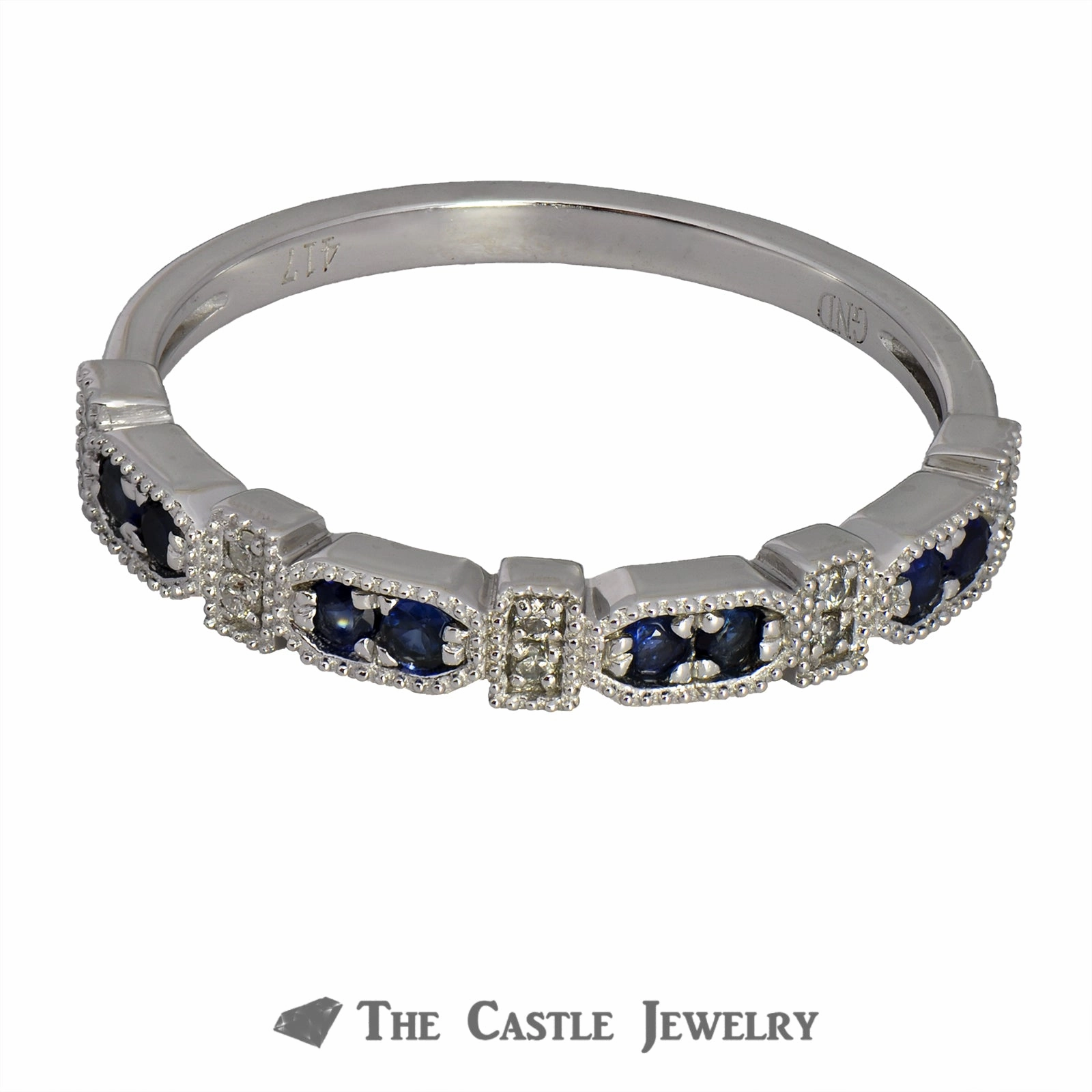 High-End Object Value Accessory Sapphire Stackable Ring with Diamonds & Beaded Edges 10K