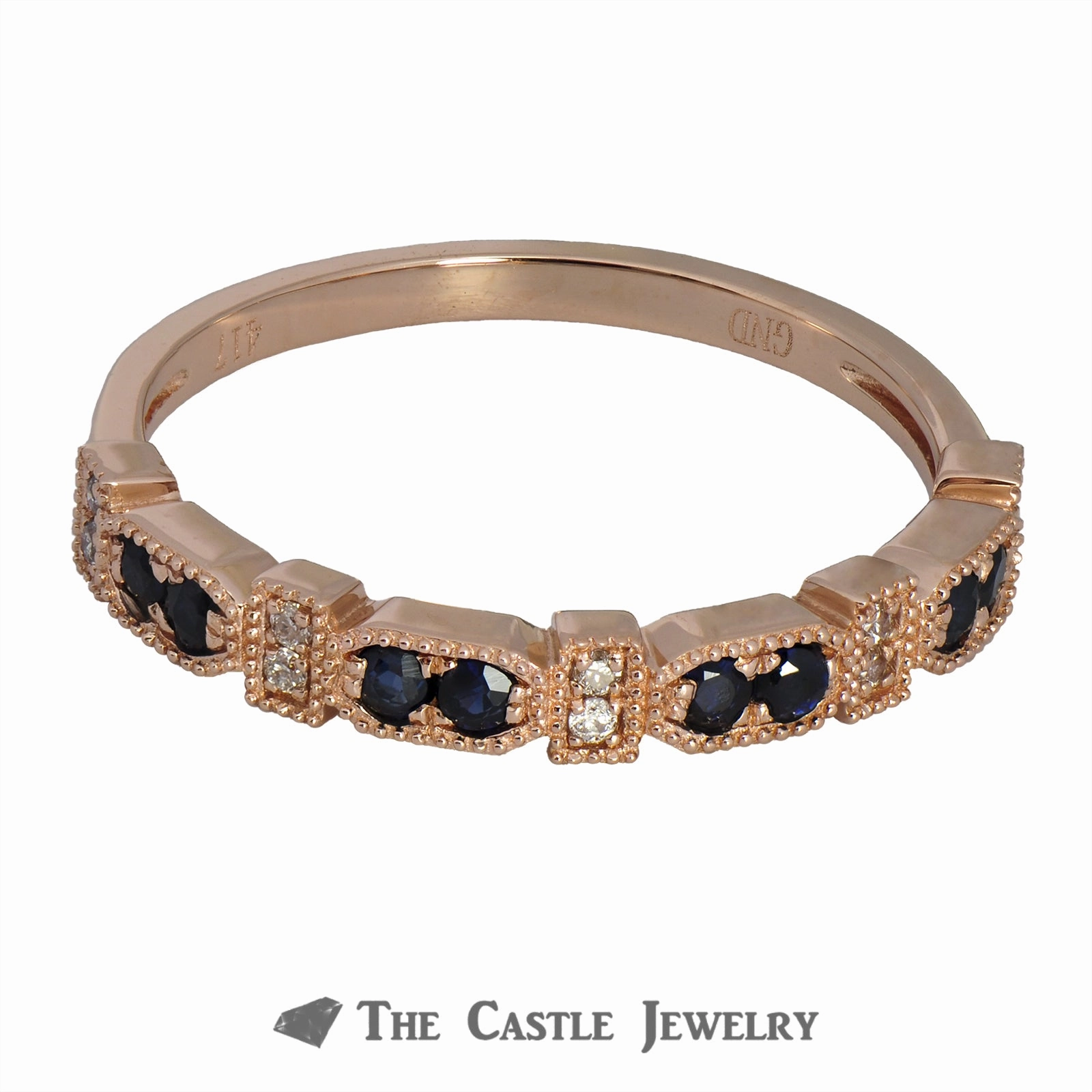 Glam Statement Graceful Aesthetic Sapphire Stackable Ring with Diamonds & Beaded Edges 10K