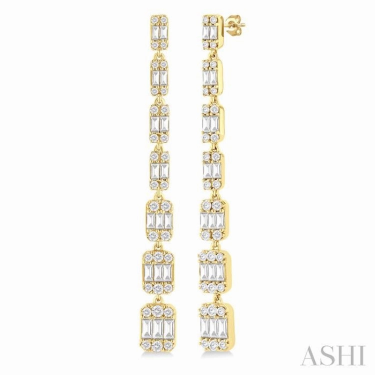 1 1/2 Ctw Fusion Baguette and Round Cut Diamond Fashion Long Earring in 14K Yellow Gold Handmade pieces Classic Glow