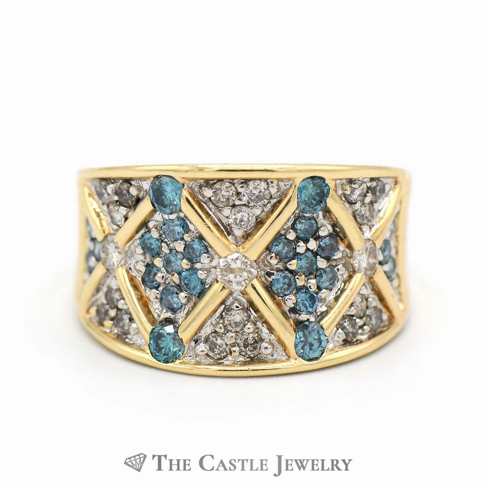 Concaved 1.25cttw Blue and White Diamond Cluster Ring in 14k Yellow Gold Asymmetric Balance