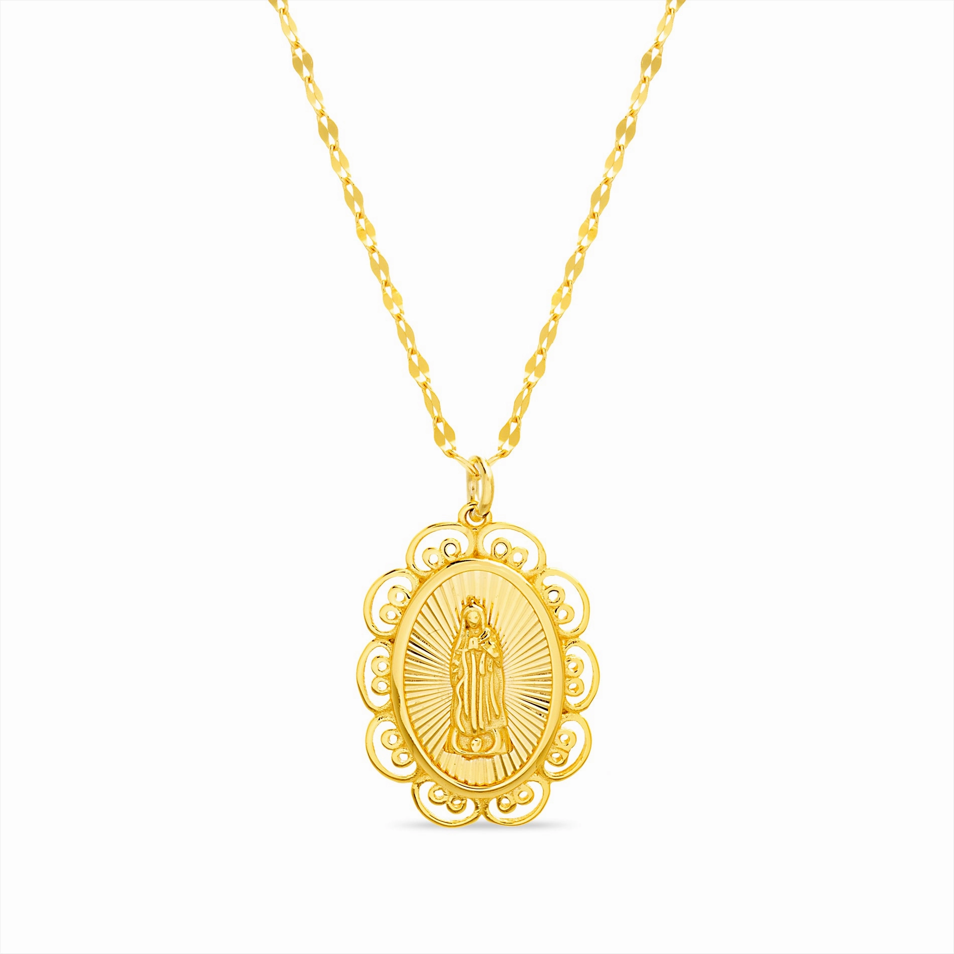 My Bible Virgin Mary with Floral Border Pendant Necklace in Yellow Gold Plated Sterling Silver Single Strand Adornment Perfect Gift