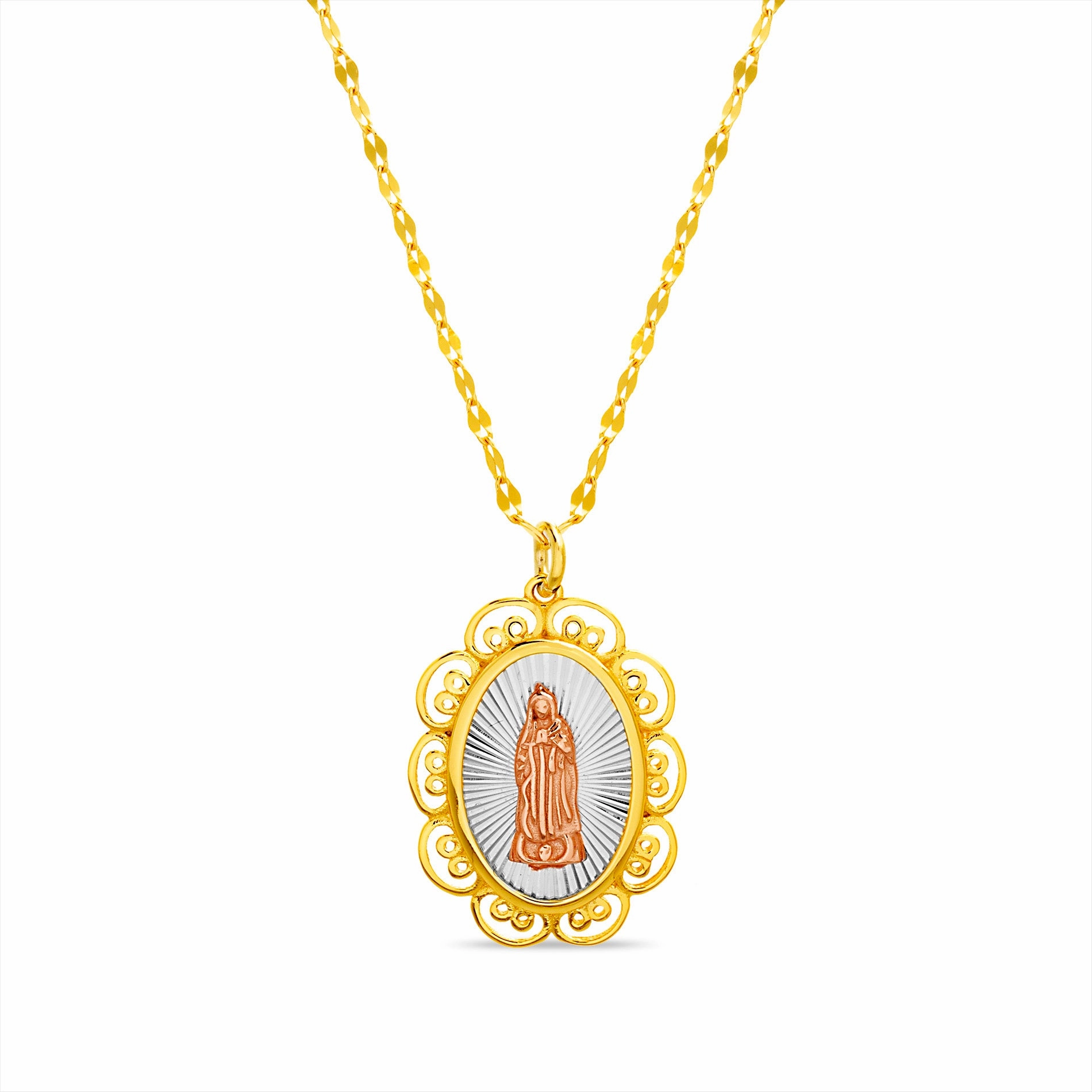 My Bible Virgin Mary with Floral Border Pendant Necklace in Yellow Gold Plated Sterling Silver Great Present Timeless Beauty