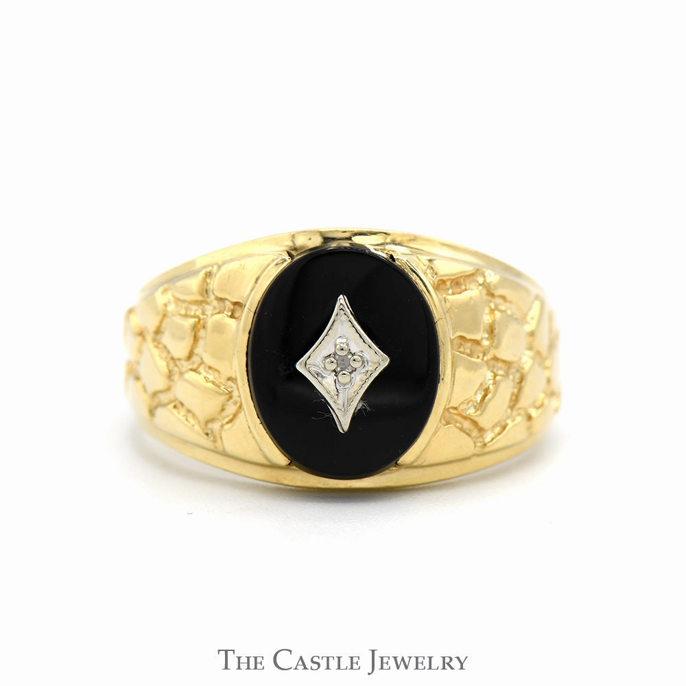 Oval Cut Black Onyx Ring with Diamond Accent and Nugget Textured Sides in 10k Yellow Gold Graceful Form