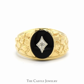 Oval Cut Black Onyx Ring with Diamond Accent and Nugget Textured Sides in 10k Yellow Gold Graceful Form