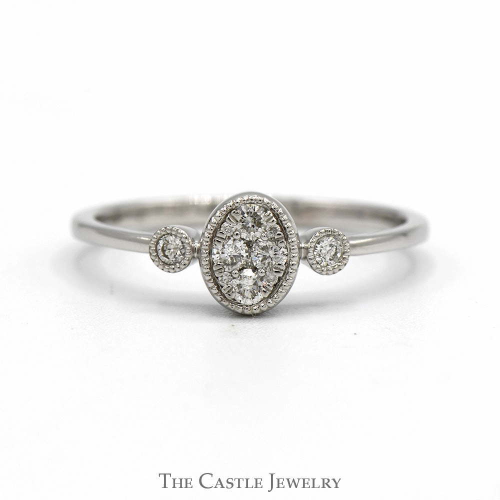 HighEnd Keepsake Custom Symbol Oval Shaped Diamond Cluster Ring with Beaded Edges & Accented Sides in 10k White Gold