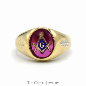 Artistic Craft Environmentally Safe Square & Compass Masonic Ring with Synthetic Ruby in 10k Yellow Gold