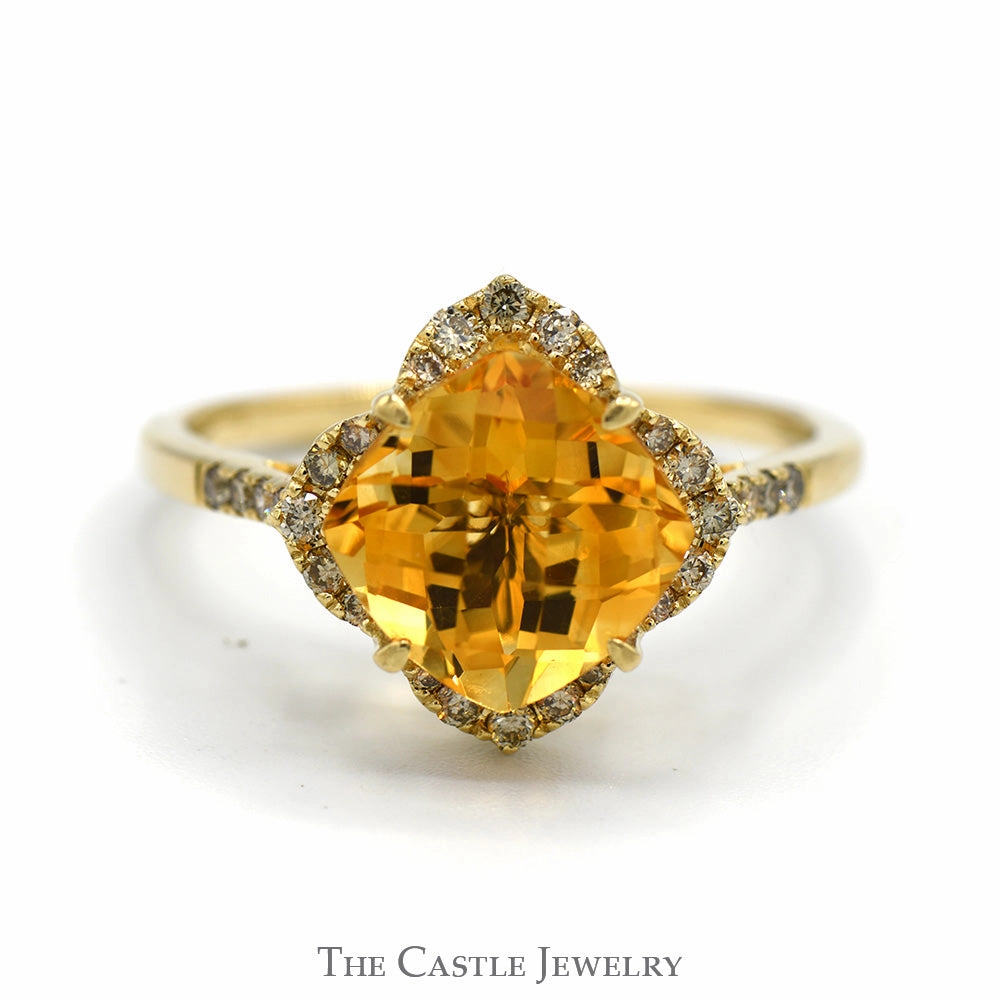 Geometric Pattern Artisan Decoration Le Vian Cushion Cut Citrine Ring with Diamond Halo and Accented Sides in 14k Yellow Gold