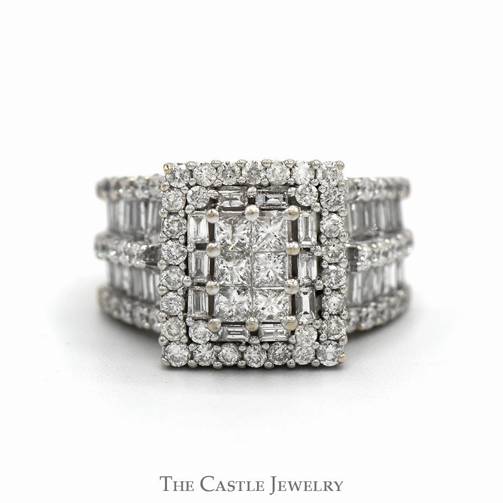 3cttw Invisiset Princess Cut Cluster Ring with Baguette Cut Double Diamond Halo and Accented Sides in 14k White Gold Subtle Look Pre Assembled