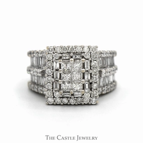 3cttw Invisiset Princess Cut Cluster Ring with Baguette Cut Double Diamond Halo and Accented Sides in 14k White Gold Subtle Look Pre Assembled