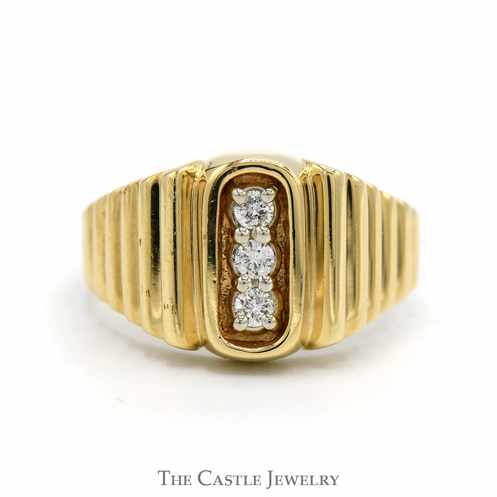 Economical Product Everyday Charm Vertically Triple Diamond Ring with Ridged Sides in 10k Yellow Gold
