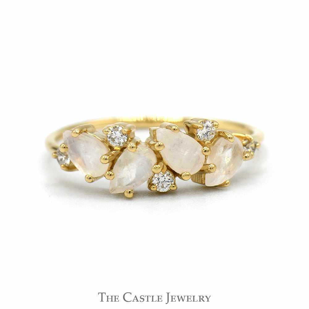 Brilliant Ornament Four Pear Cut Moonstone Ring with Diamond Accents in 10k Yellow Gold