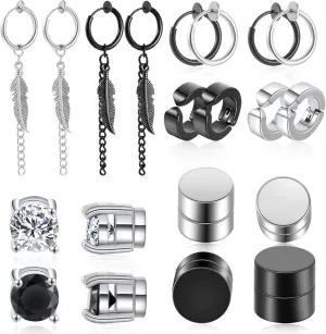 Set of 10 Pairs Non-perforated Magnetic Studs Stainless Steel Non-perforated Feather Cross Dangling Hinged Earrings Clip on Cz Magnet Earrings for Men and Women