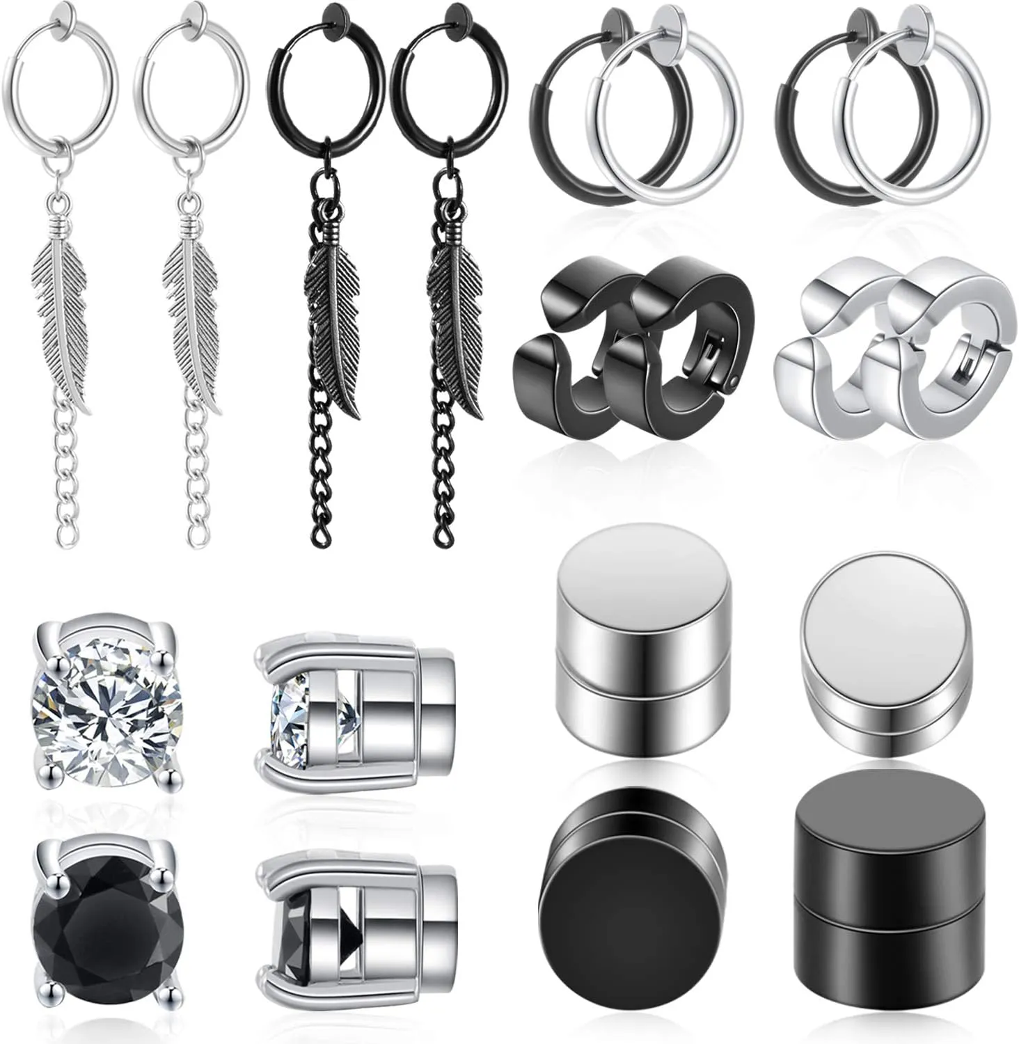 Set of 10 Pairs Non-perforated Magnetic Studs Stainless Steel Non-perforated Feather Cross Dangling Hinged Earrings Clip on Cz Magnet Earrings for Men and Women