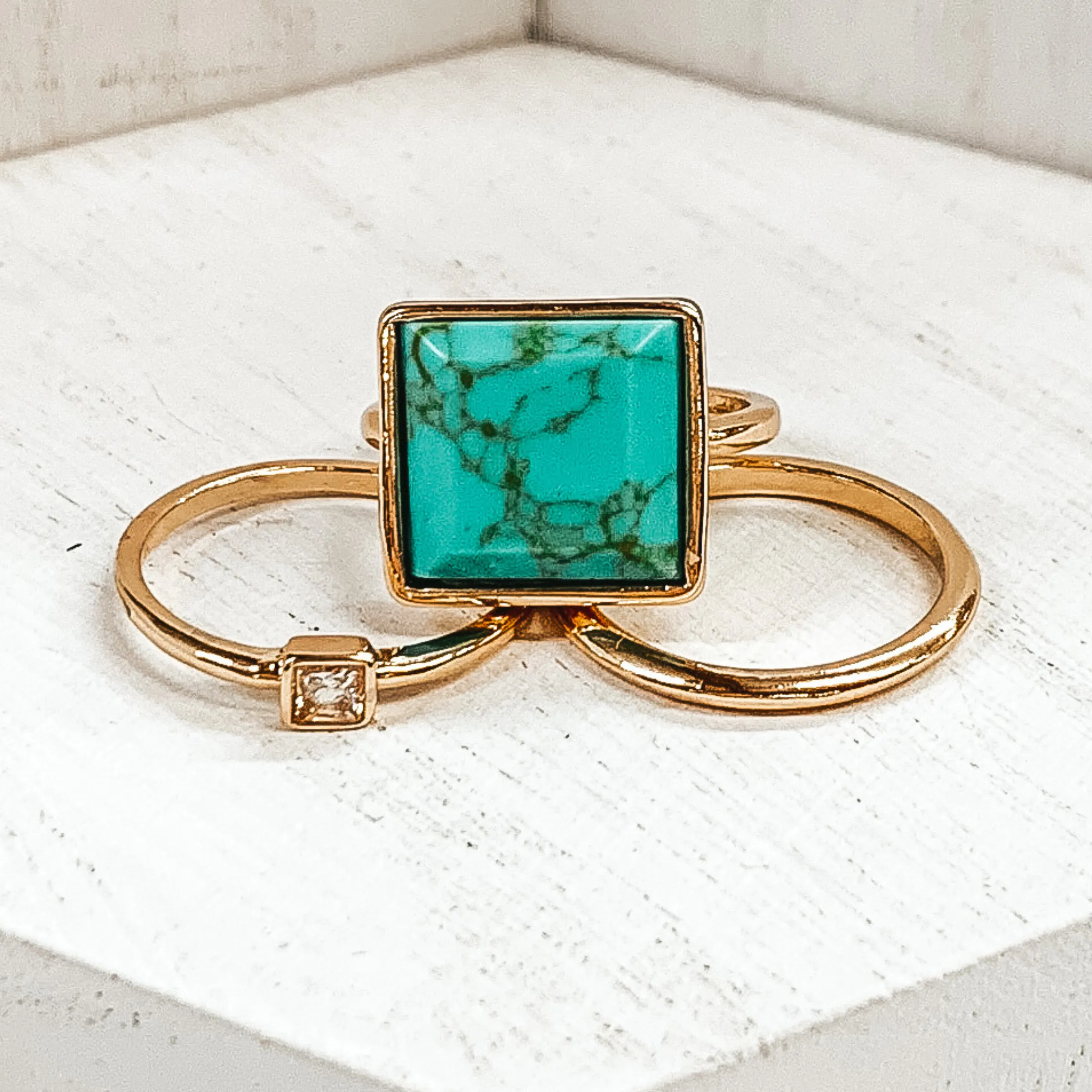 Set of 3 | Square Pendant Gold Tone Ring Set in Turquoise