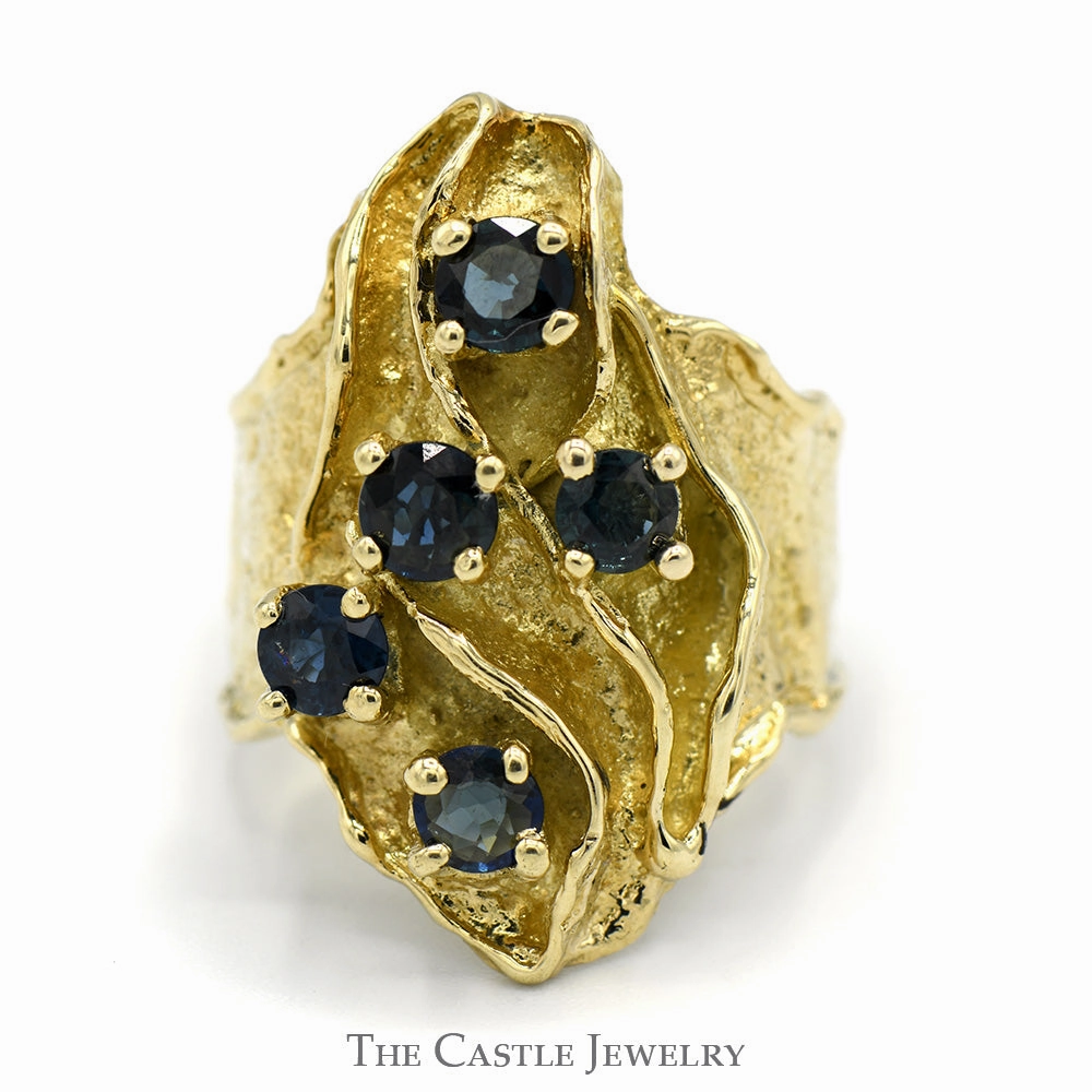 Round Sapphire Cluster Ring with Unique Freeform Shield Design in 14k Yellow Gold Ridged Mounting Sparkle Touch