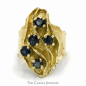 Round Sapphire Cluster Ring with Unique Freeform Shield Design in 14k Yellow Gold Ridged Mounting Sparkle Touch