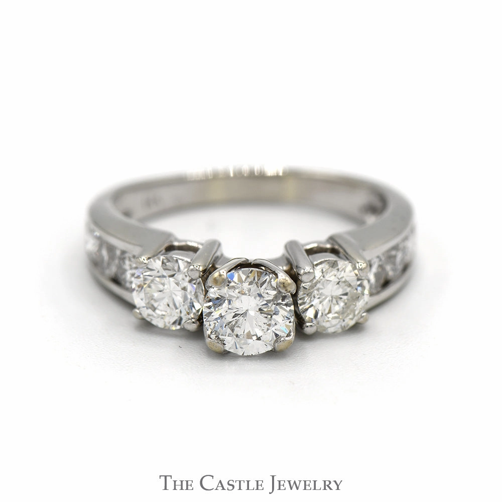 Three Stone Diamond Engagement Ring with Channel Set Diamond Accented Sides 14k White Gold Imperial Measure