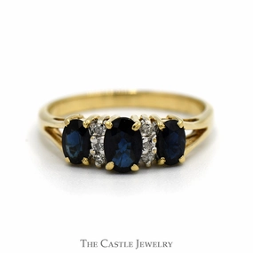 Dainty Pop Strong Art Three Stone Oval Sapphire Ring with Diamond Accents in 10k Yellow Gold Split Shank Setting