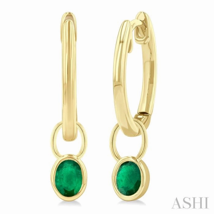 5x3 MM Bezel Set Oval Cut Emerald Precious Fashion Huggie Earrings in 10K Yellow Gold Lively Accent Urban Style