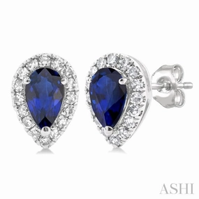 5x3 MM Pear Shape Sapphire and 1/8 Ctw Single Cut Diamond Halo Precious Stud Earrings in 10K White Gold Cozy Glow