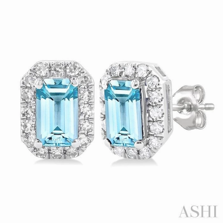 5x3 MM Octagonal Shape Aquamarine and 1/8 Ctw Single Cut Diamond Halo Semi-Precious Stud Earrings in 10K White Gold Modern Line Luxury Outfit