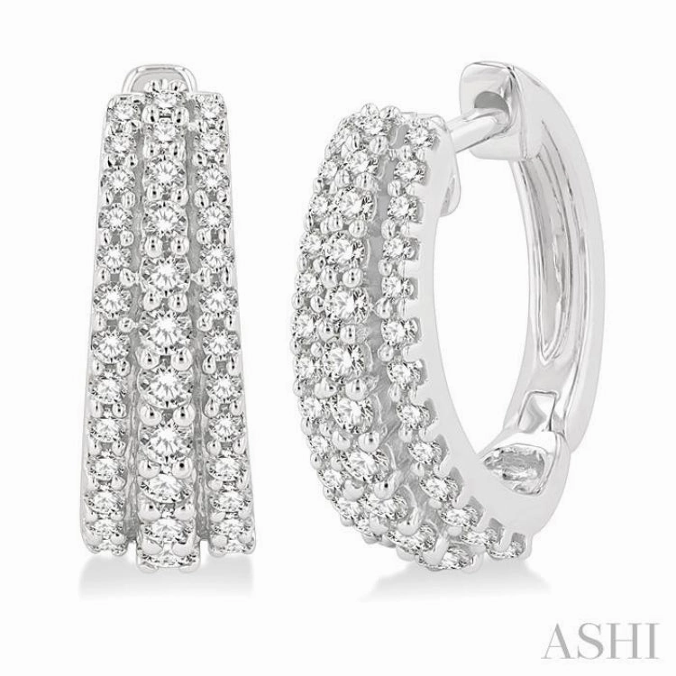 Elegant Detailing 1/2 Ctw Triple Row Round Cut Diamond Huggie Petite Earrings in 14K White Gold