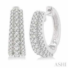 Elegant Detailing 1/2 Ctw Triple Row Round Cut Diamond Huggie Petite Earrings in 14K White Gold