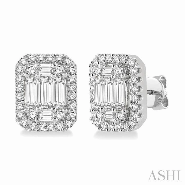 5/8 Ctw Octagonal Baguette & Round Cut Diamond Stud Earrings in 14K White Gold Fresh Finish