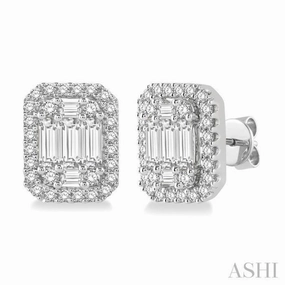 5/8 Ctw Octagonal Baguette & Round Cut Diamond Stud Earrings in 14K White Gold Fresh Finish