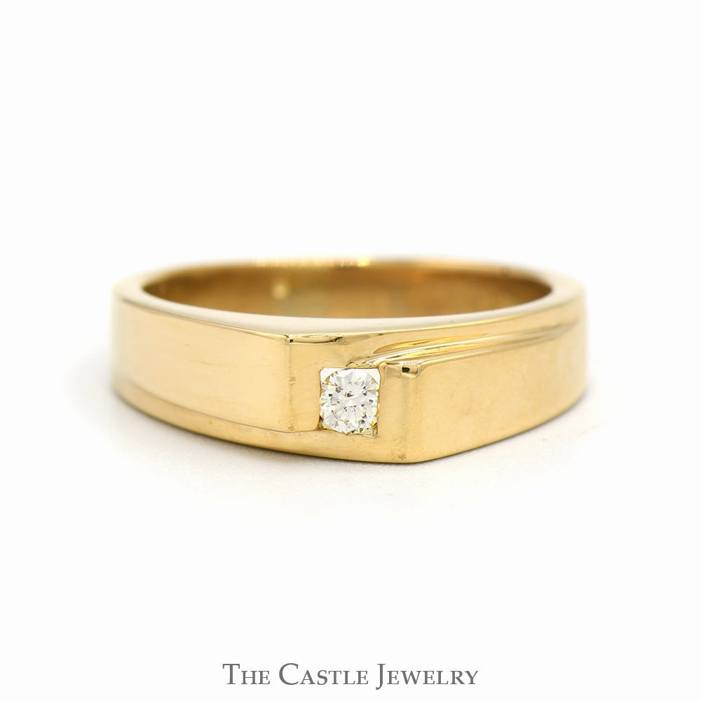 Contemporary Jewelry Round Diamond Solitaire Men's Ring with Polished Sides and Geometric Design in 14k Yellow Gold