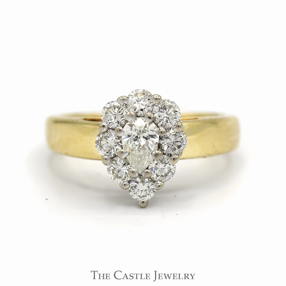 1cttw Pear Cut Diamond Ring with Diamond Halo in 14k Yellow Gold Cathedral Mounting Amazing Art Robust Look