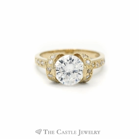 Round Cubic Zirconia Ring with Vertical and Horizontal CZ Accents in 14KT Yellow Gold Creative Ornament Future Use