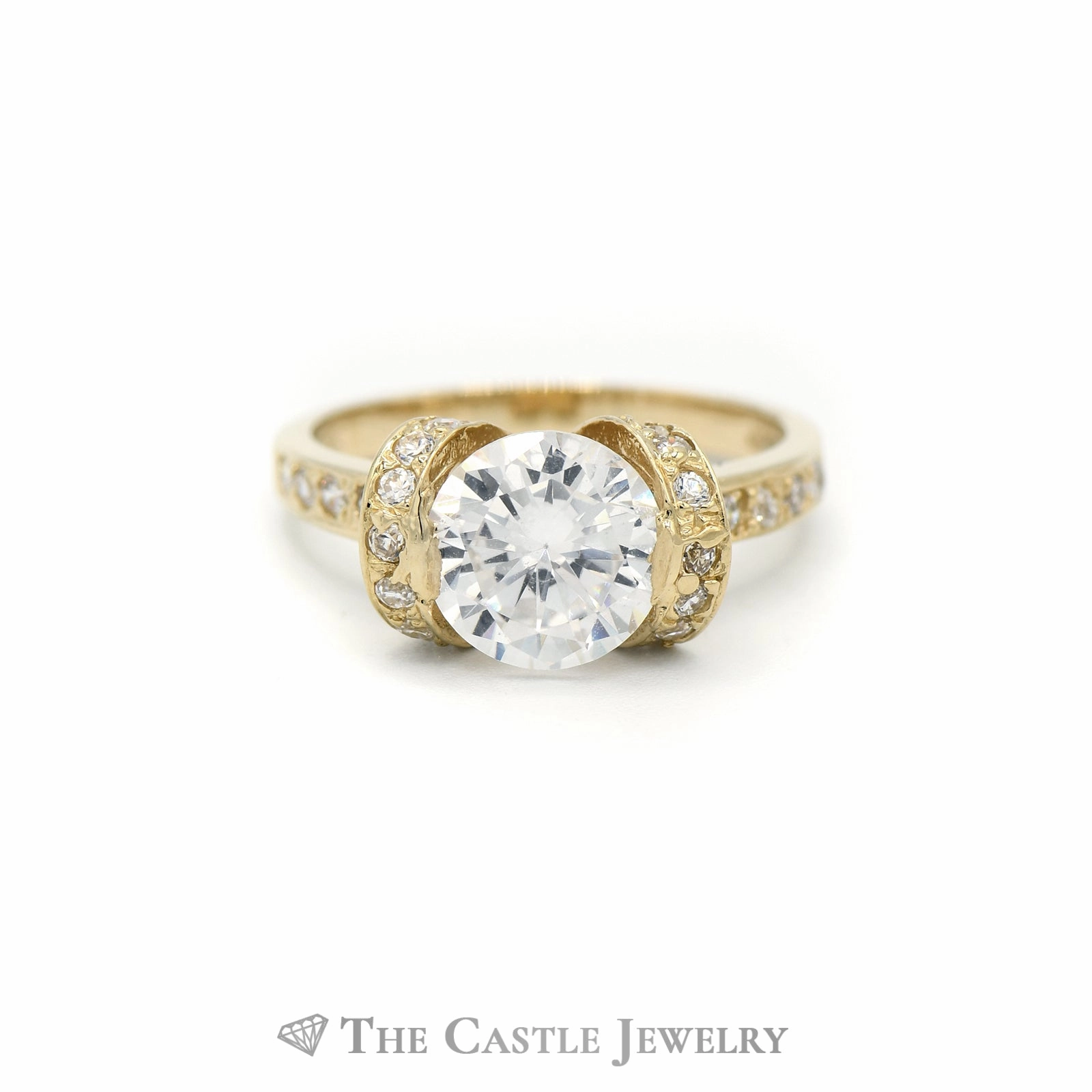 Round Cubic Zirconia Ring with Vertical and Horizontal CZ Accents in 14KT Yellow Gold Creative Ornament Future Use