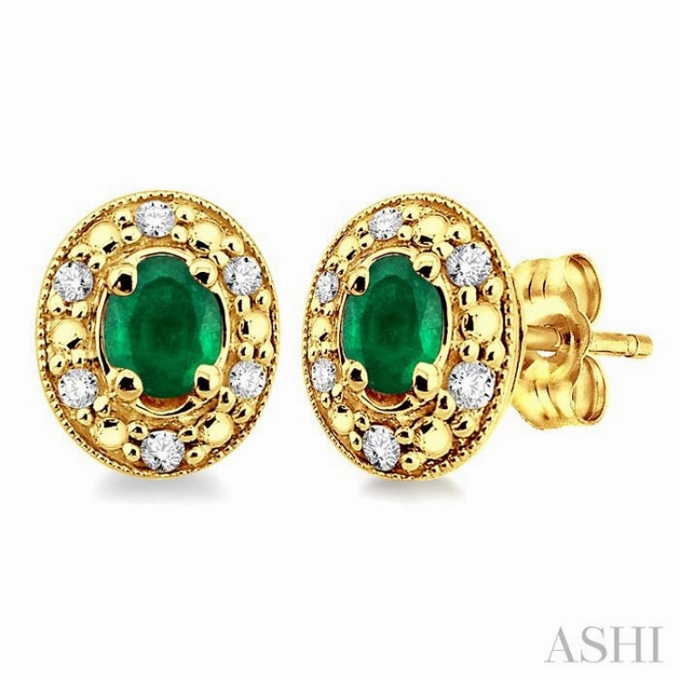 Finest Touch Everyday Style 4x3 MM Oval Shaped Emerald and 1/10 ctw Single Cut Diamond Earrings in 14K Yellow Gold