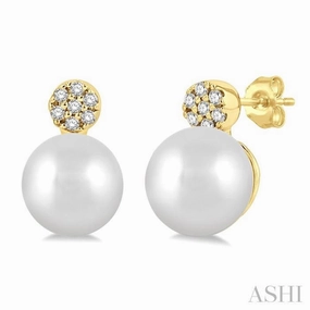 5.5 MM Round Shape Cultured Pearls and 1/20 Ctw Round Cut Diamond Petite Fashion Earring in 10K Yellow Gold Luxury Shine Finish