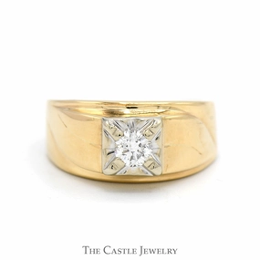 Traditional Art 1/3ct Diamond Solitaire Men's Ring with Grooved Sides in Polished 14k Yellow Gold