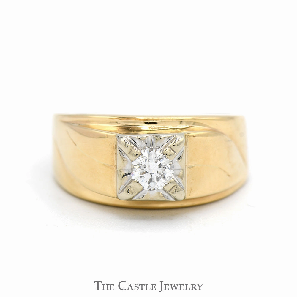 Traditional Art 1/3ct Diamond Solitaire Men's Ring with Grooved Sides in Polished 14k Yellow Gold