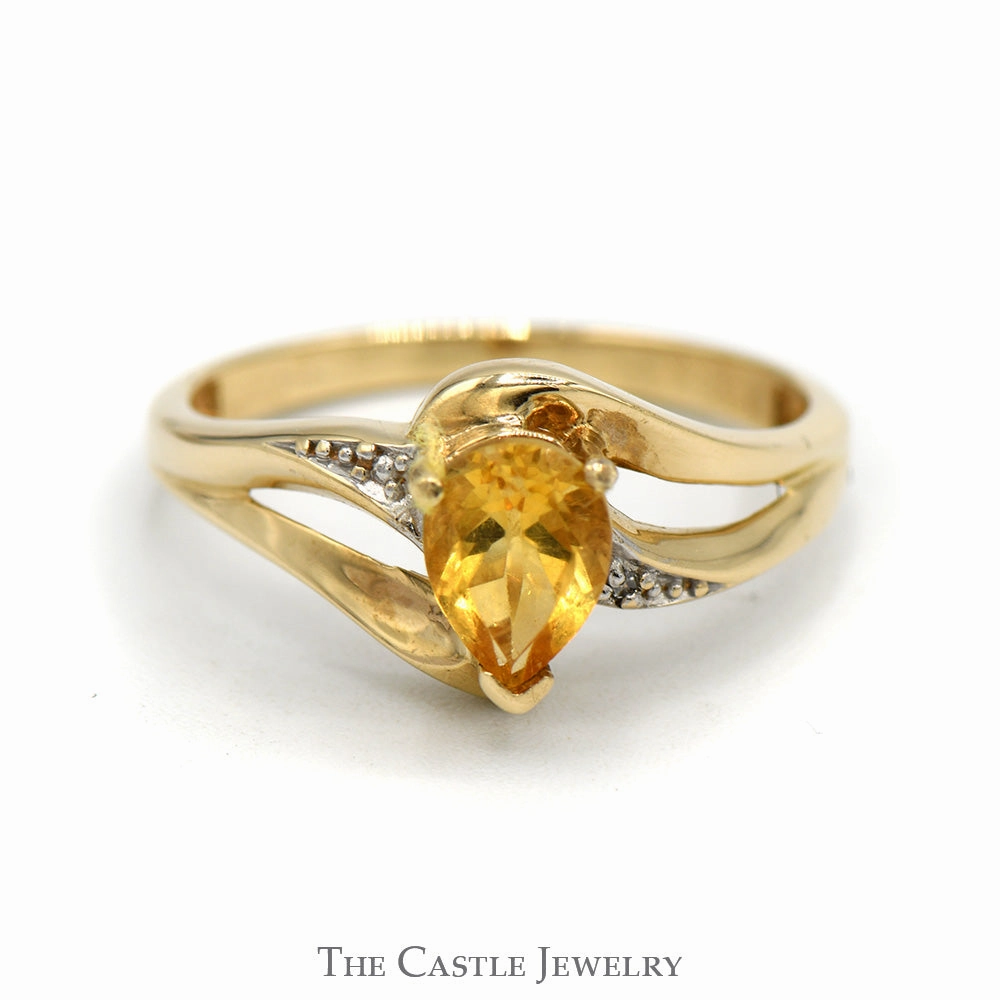 Dainty Pear Shaped Citrine Ring in Gold Crossover Diamond Illusion Mounting Beach Wear Fresh Finish