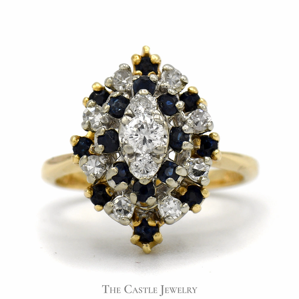 Affordable Jewelry Meaningful Gift Marquise Shaped Sapphire & Diamond Cluster Ring in 14k Yellow Gold