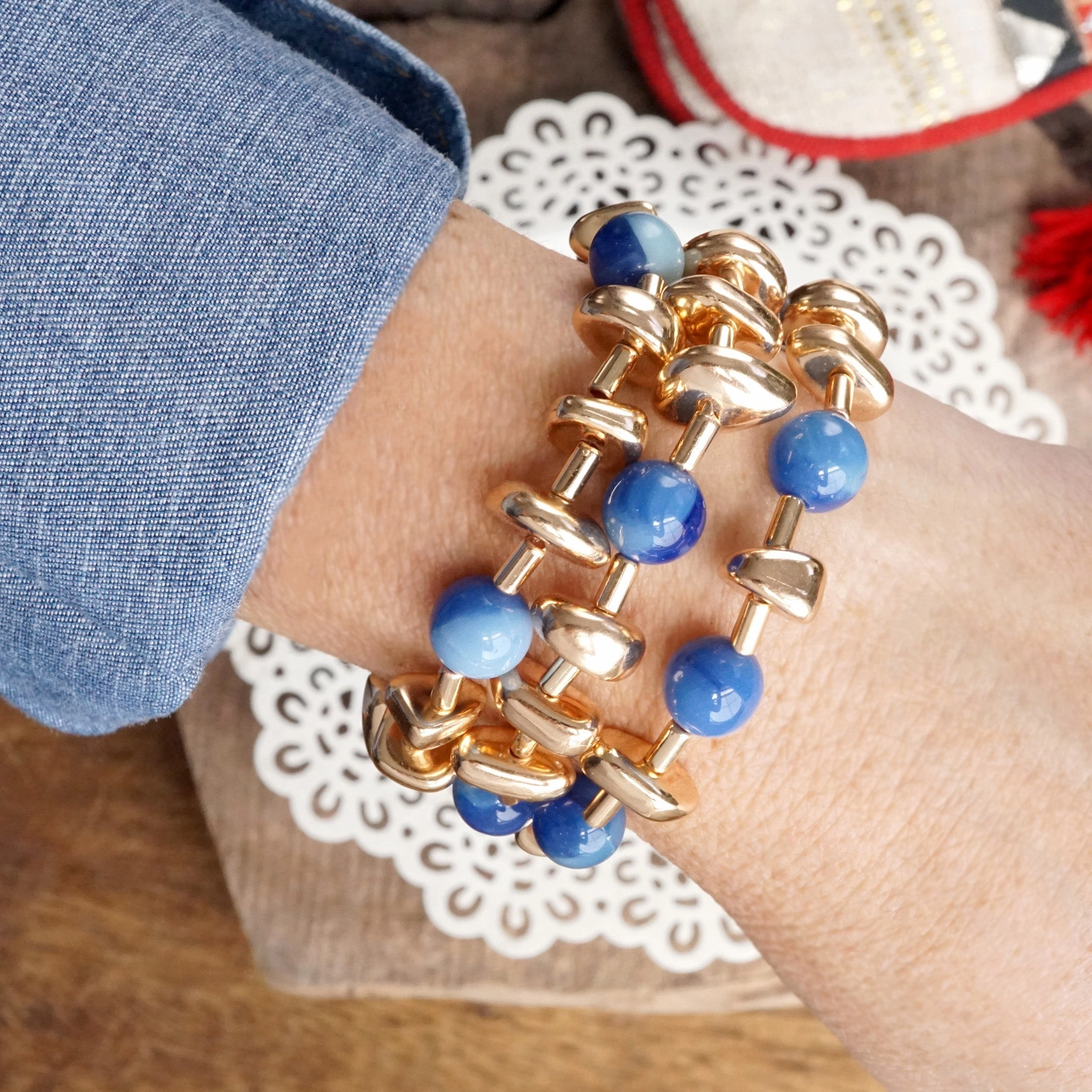 Island Style Shiny Nuggets and Glass Beads Statement Bracelet Set Gold Red Blue Green