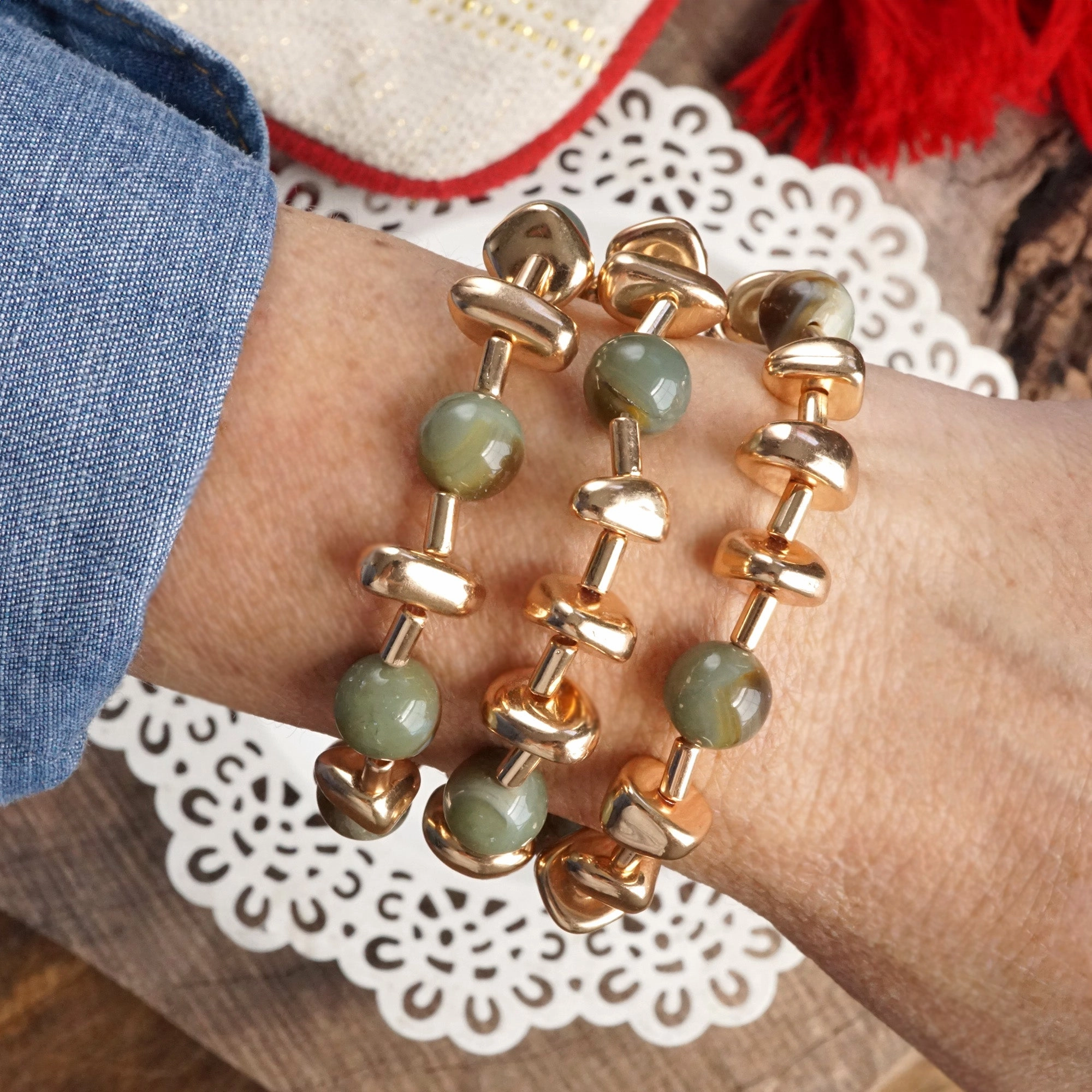 Almost Gone Shiny Nuggets and Glass Beads Statement Bracelet Set Gold Red Blue Green