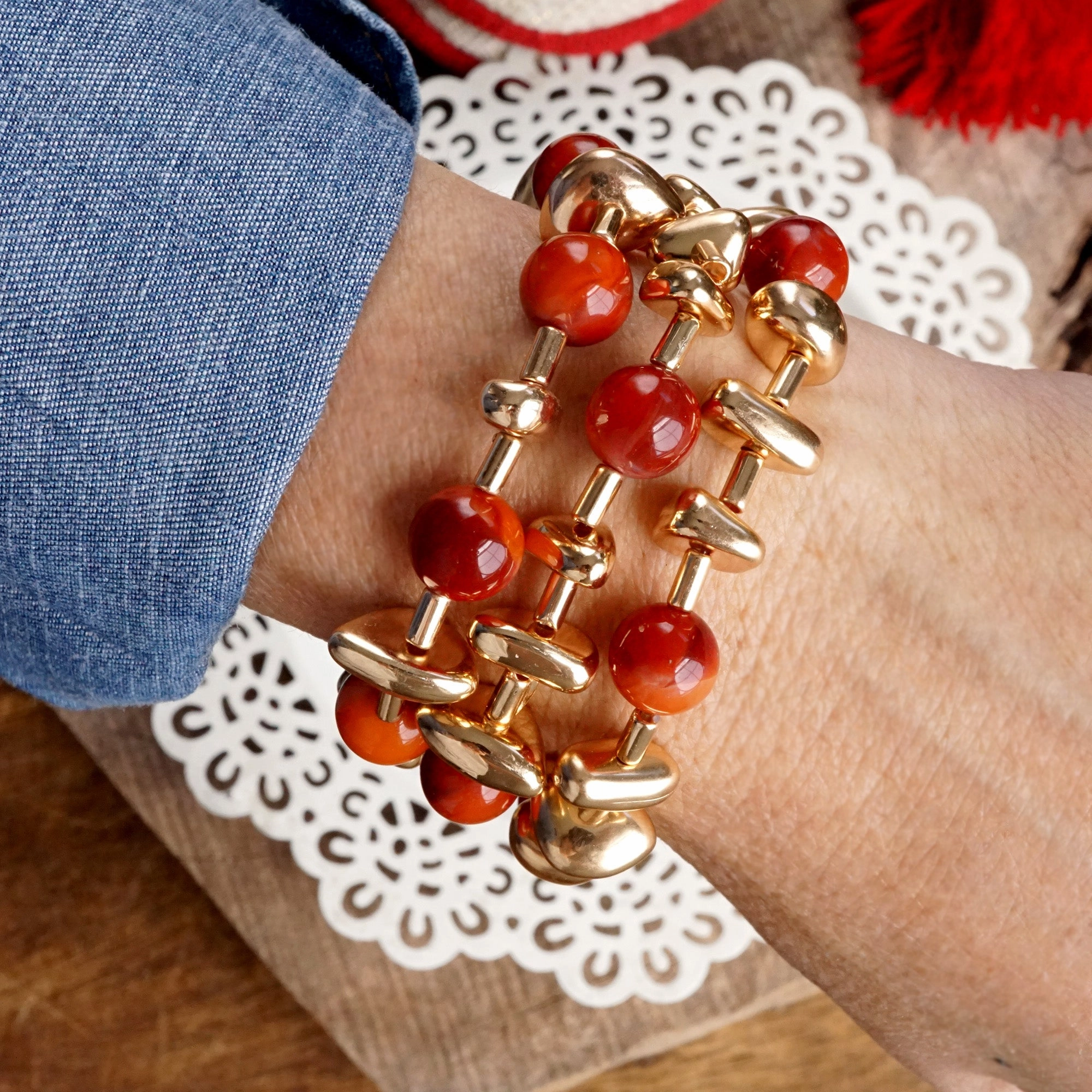 Shiny Nuggets and Glass Beads Statement Bracelet Set Gold Red Blue Green Pioneering Design