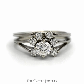 Subtle Accessory Comfortable Product Round Diamond Cluster Ring with Split Shank Sides in 18k White Gold