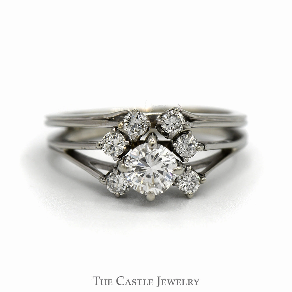 Subtle Accessory Comfortable Product Round Diamond Cluster Ring with Split Shank Sides in 18k White Gold