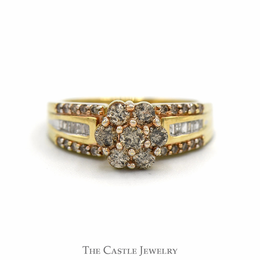 7 Round Champaign Diamond Cluster Ring with Diamond Accented Sides in 10k Yellow Gold Luxury Flow Wedding Gift